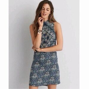 American Eagle Blue Paisley High Neck Open Back Mini Sheath Dress Size Medium